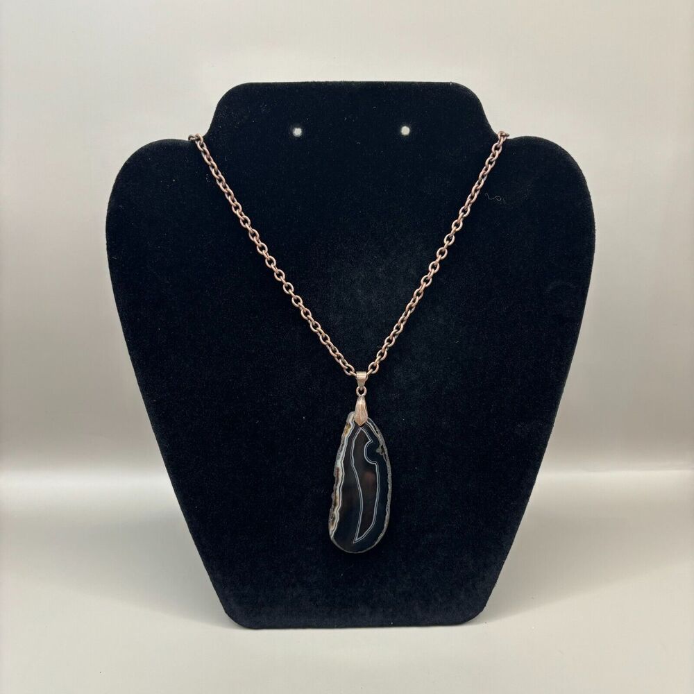 Banded Agate Pendant Statement Necklace Black White 20" Chain